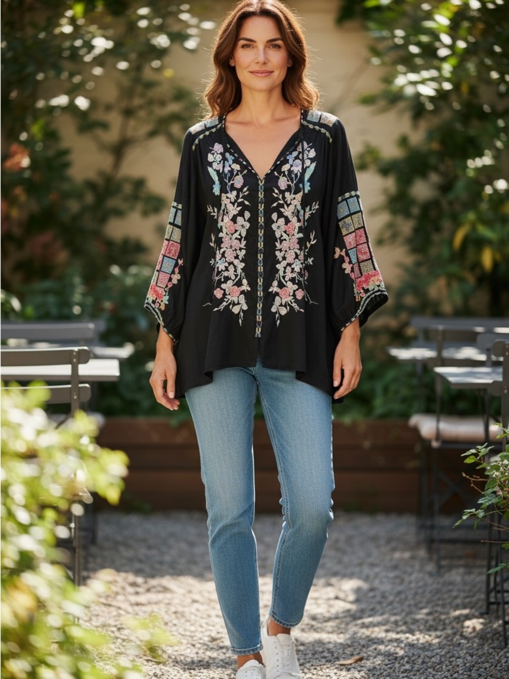 Johnny Was Black Floral Embroidered Boho V-Neck Blouse Size XL